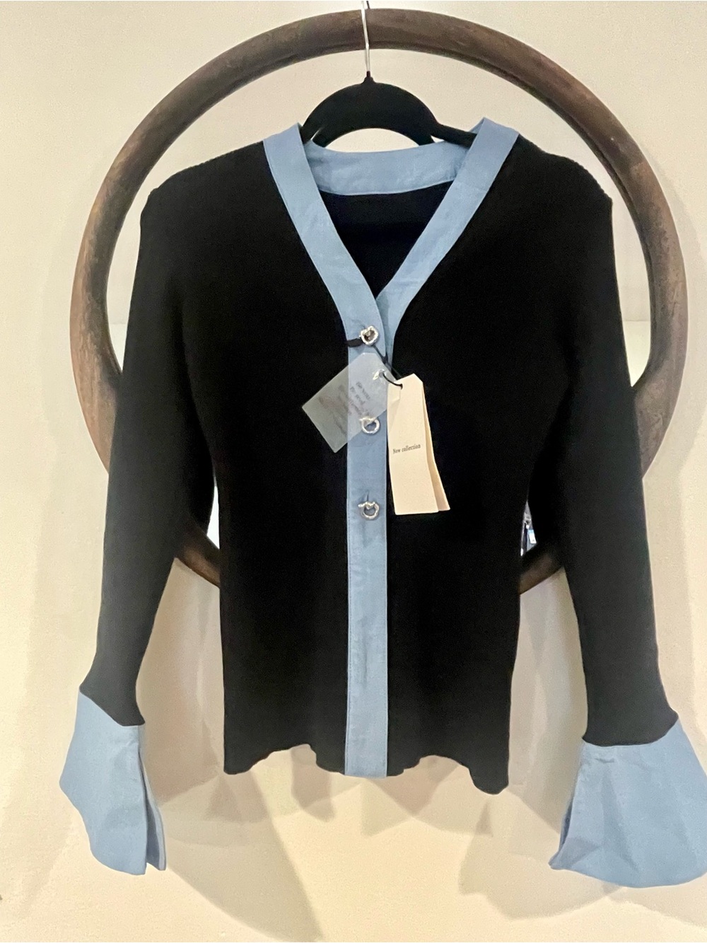 Black Cardigan with Light Blue Trim - Women's Knit Button Front
